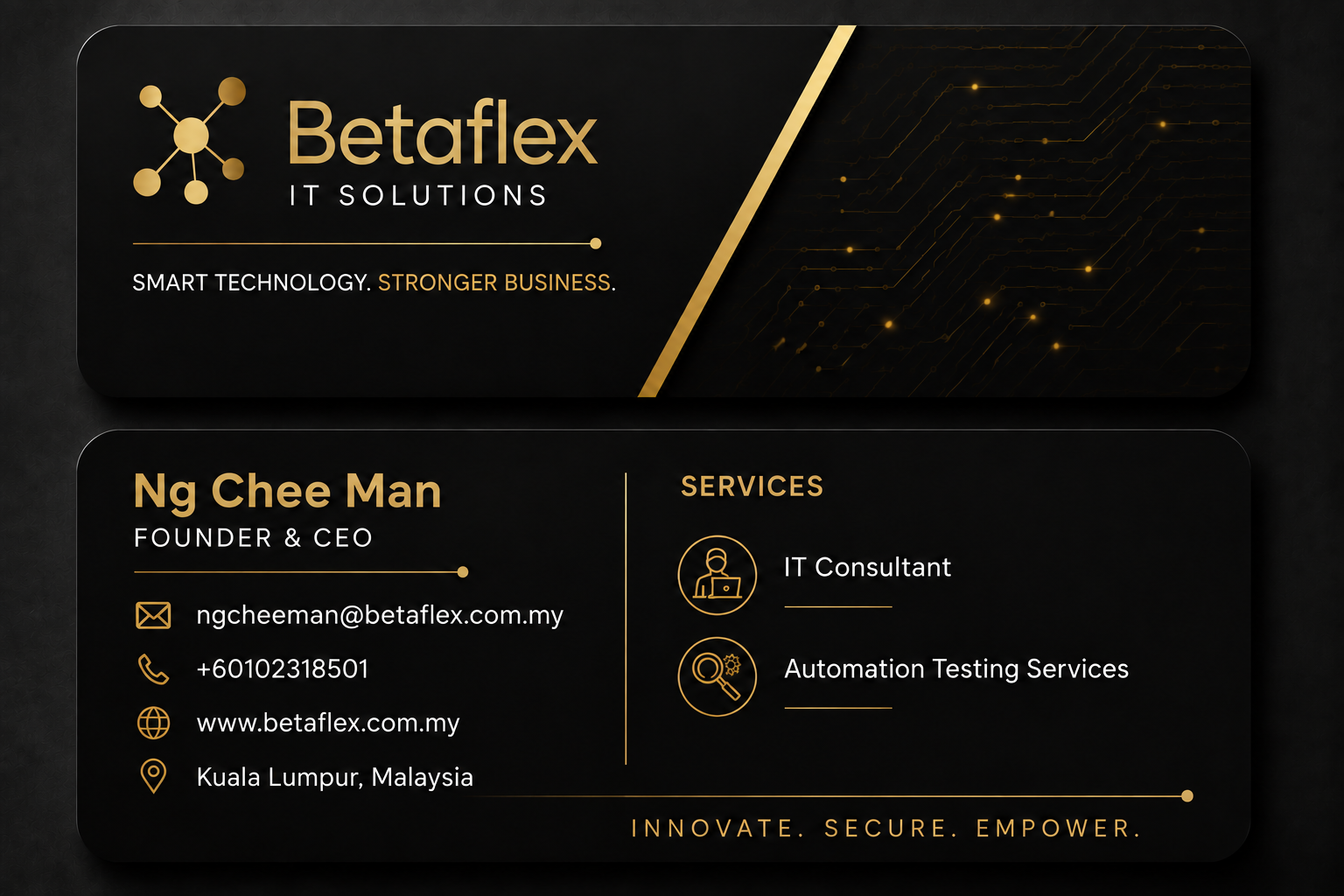 BetaFlex Founder and CEO name card for Ng Chee Man